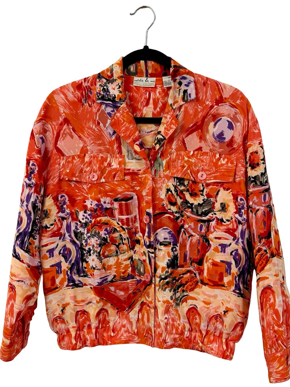Natalie & Me Art Print Cropped Bomber Jacket Pink Orange Size Medium
